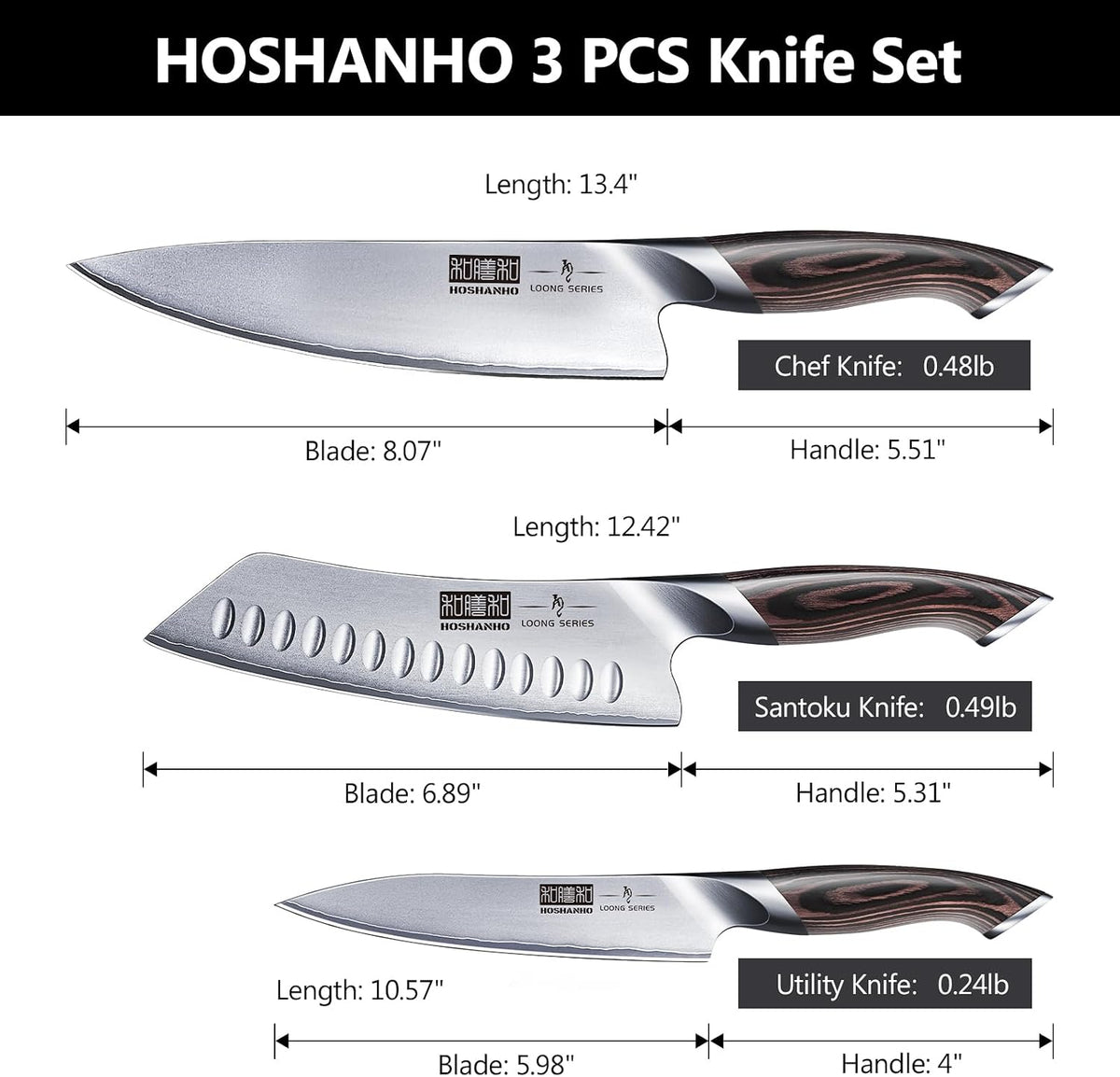 3 Pieces Knife Set, Professional Japanese Kitchen Knife Set