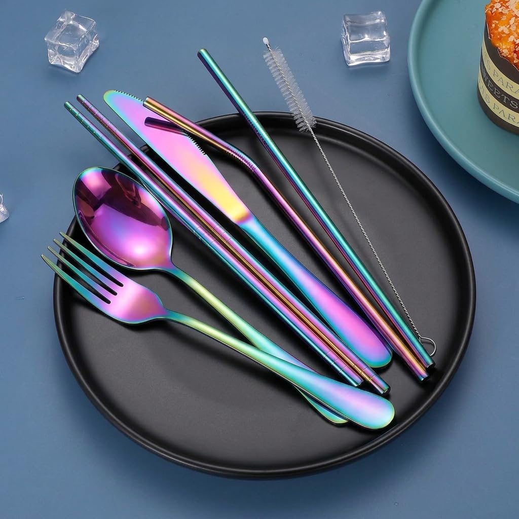 Portable Stainless Steel Flatware Set, Travel Camping Cutlery Set, Portable Utensil Travel Silverware Dinnerware Set with a Waterproof Case (Rainbow)