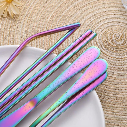 Portable Stainless Steel Flatware Set, Travel Camping Cutlery Set, Portable Utensil Travel Silverware Dinnerware Set with a Waterproof Case (Rainbow)