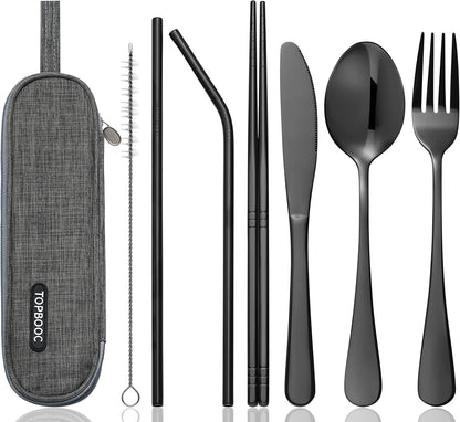 Portable Stainless Steel Flatware Set, Travel Camping Cutlery Set, Portable Utensil Travel Silverware Dinnerware Set with a Waterproof Case (Rainbow)