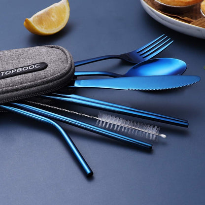 Portable Stainless Steel Flatware Set, Travel Camping Cutlery Set, Portable Utensil Travel Silverware Dinnerware Set with a Waterproof Case (Rainbow)