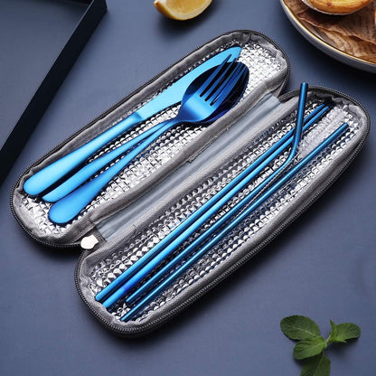 Portable Stainless Steel Flatware Set, Travel Camping Cutlery Set, Portable Utensil Travel Silverware Dinnerware Set with a Waterproof Case (Rainbow)