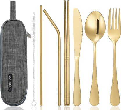 Portable Stainless Steel Flatware Set, Travel Camping Cutlery Set, Portable Utensil Travel Silverware Dinnerware Set with a Waterproof Case (Rainbow)