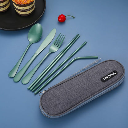 Portable Stainless Steel Flatware Set, Travel Camping Cutlery Set, Portable Utensil Travel Silverware Dinnerware Set with a Waterproof Case (Rainbow)