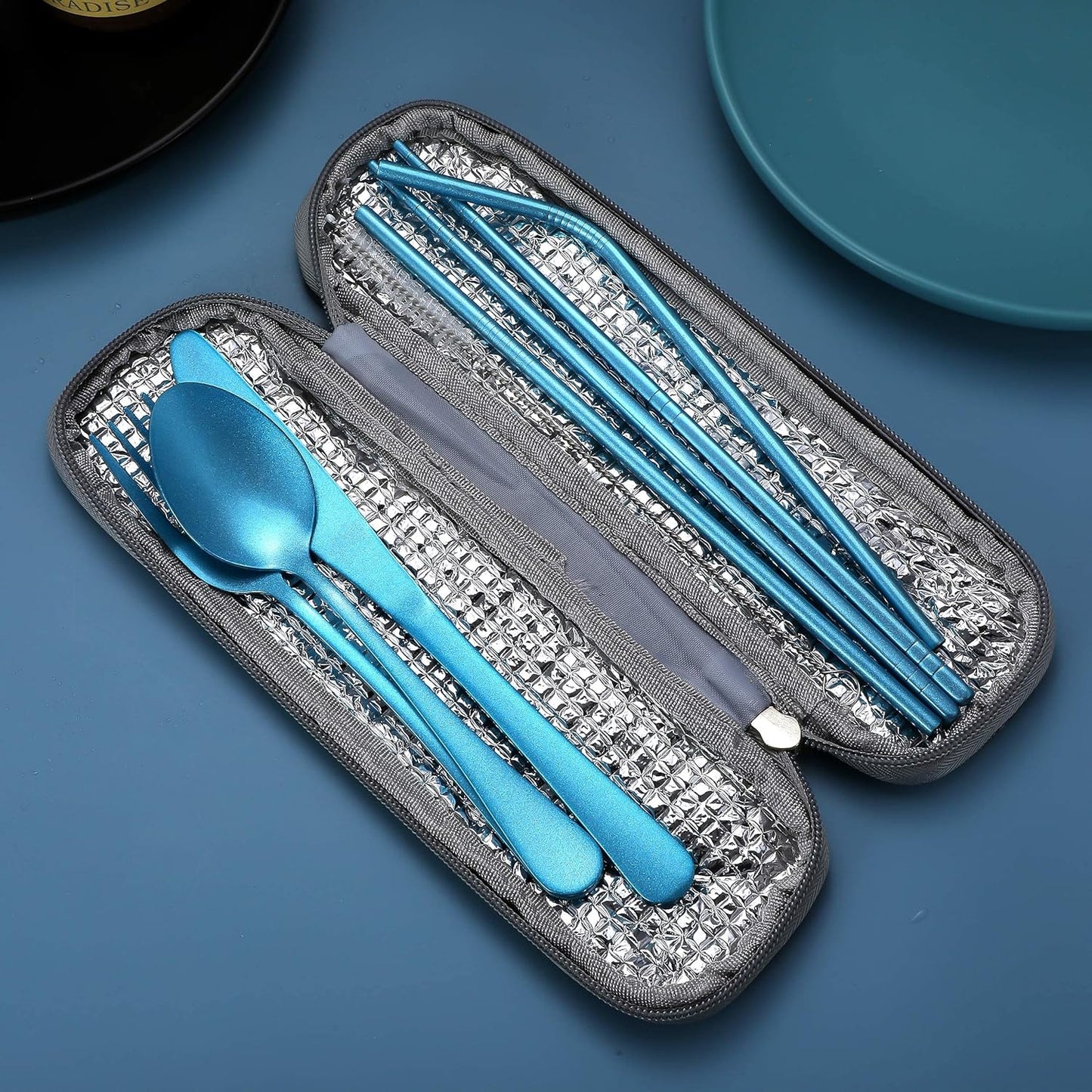 Portable Stainless Steel Flatware Set, Travel Camping Cutlery Set, Portable Utensil Travel Silverware Dinnerware Set with a Waterproof Case (Rainbow)
