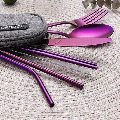 Portable Stainless Steel Flatware Set, Travel Camping Cutlery Set, Portable Utensil Travel Silverware Dinnerware Set with a Waterproof Case (Rainbow)