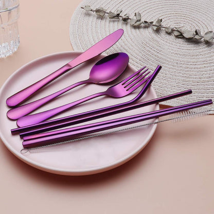 Portable Stainless Steel Flatware Set, Travel Camping Cutlery Set, Portable Utensil Travel Silverware Dinnerware Set with a Waterproof Case (Rainbow)