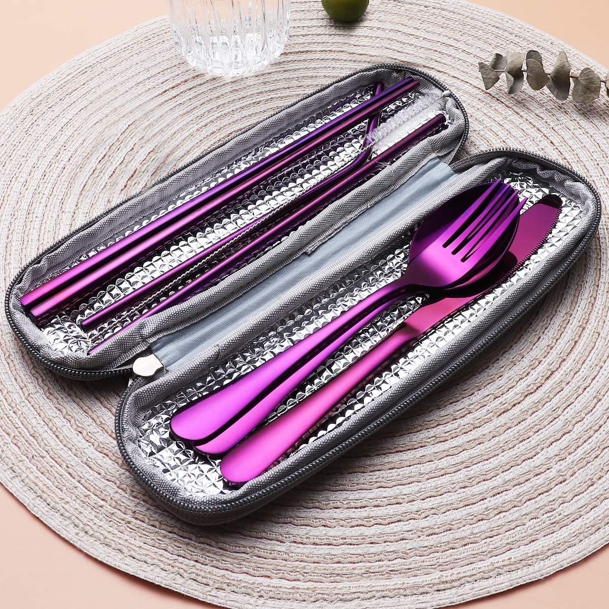 Portable Stainless Steel Flatware Set, Travel Camping Cutlery Set, Portable Utensil Travel Silverware Dinnerware Set with a Waterproof Case (Rainbow)