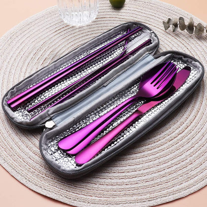 Portable Stainless Steel Flatware Set, Travel Camping Cutlery Set, Portable Utensil Travel Silverware Dinnerware Set with a Waterproof Case (Rainbow)