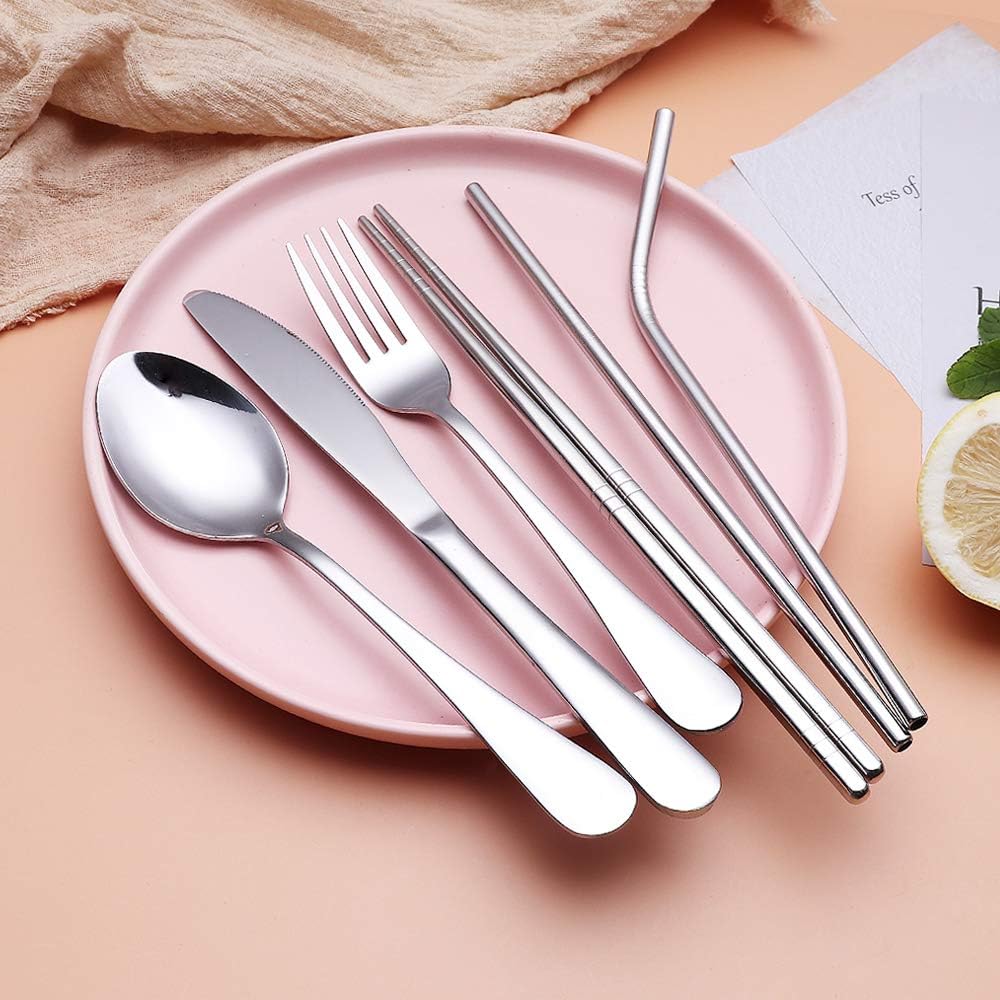 Portable Stainless Steel Flatware Set, Travel Camping Cutlery Set, Portable Utensil Travel Silverware Dinnerware Set with a Waterproof Case (Rainbow)