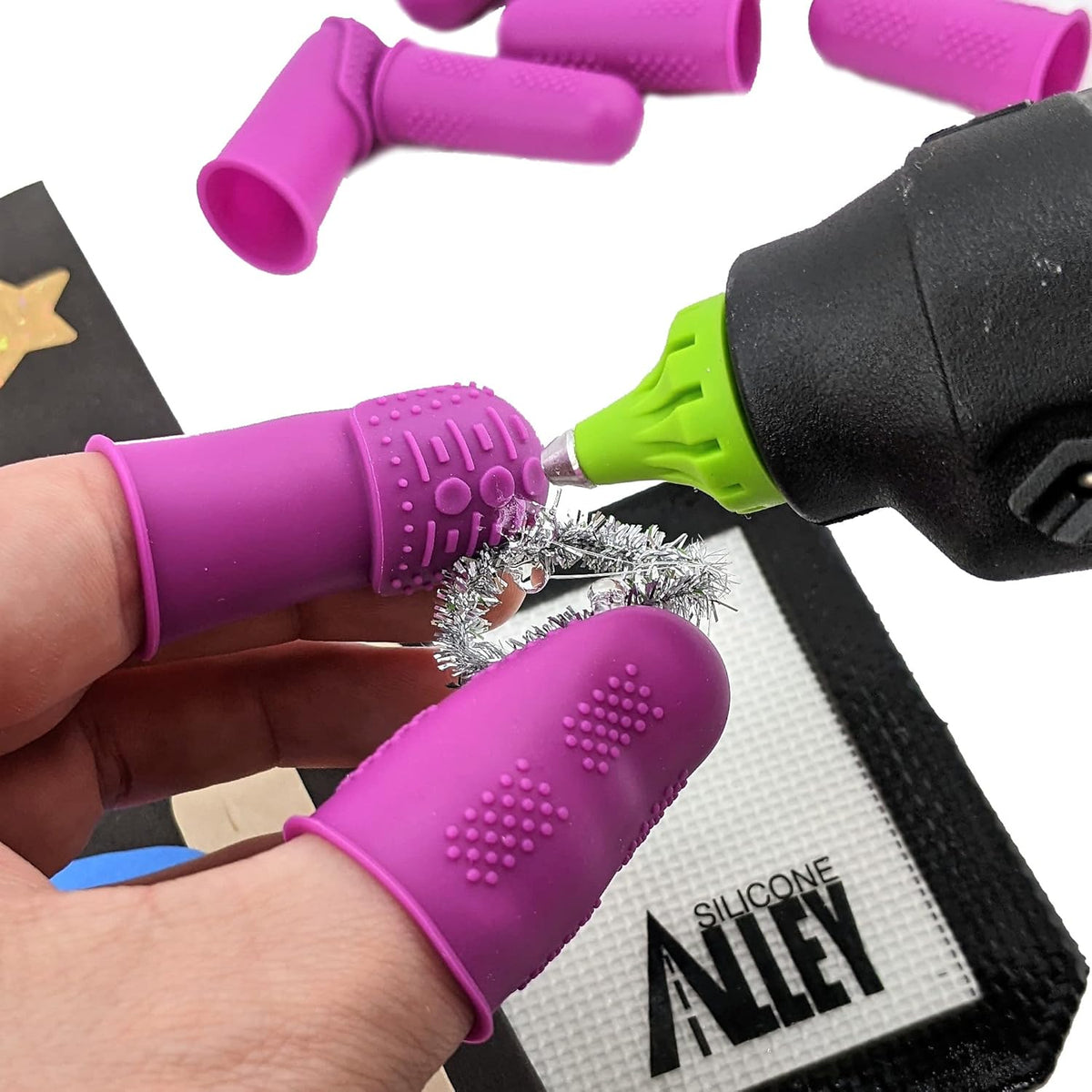 Finger Protectors [Flex Series - 12-Pack] Silicone Non-Stick Finger Covers | Purple | Small (6) / Medium (6) for Hot Glue | Sewing | Adhesives | Scrapbooking