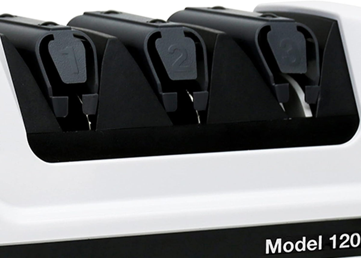 Professional Electric Knife Sharpeners With 100-Percent Diamond Abrasives And Precision Angle Guides For 20-Degree Straight-Edge and Serrated Knives, 3-Stage, White