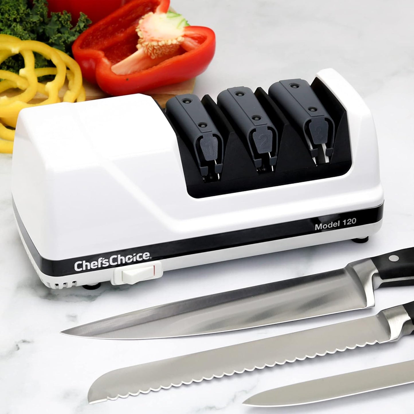 Professional Electric Knife Sharpeners With 100-Percent Diamond Abrasives And Precision Angle Guides For 20-Degree Straight-Edge and Serrated Knives, 3-Stage, White
