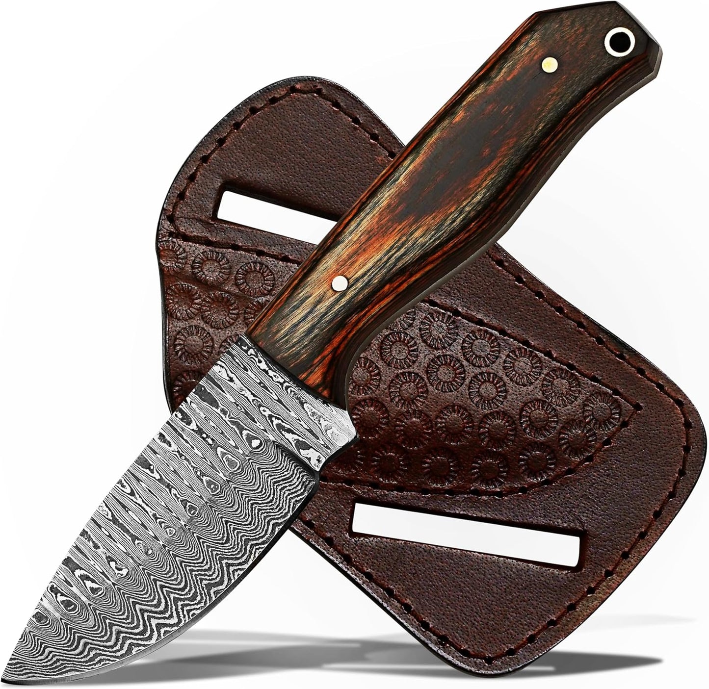 Damacus Steel Fixed Blade Knife with Leather Sheath | 6'' Full Tang Hunting Knife