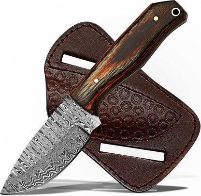 Damacus Steel Fixed Blade Knife with Leather Sheath | 6'' Full Tang Hunting Knife