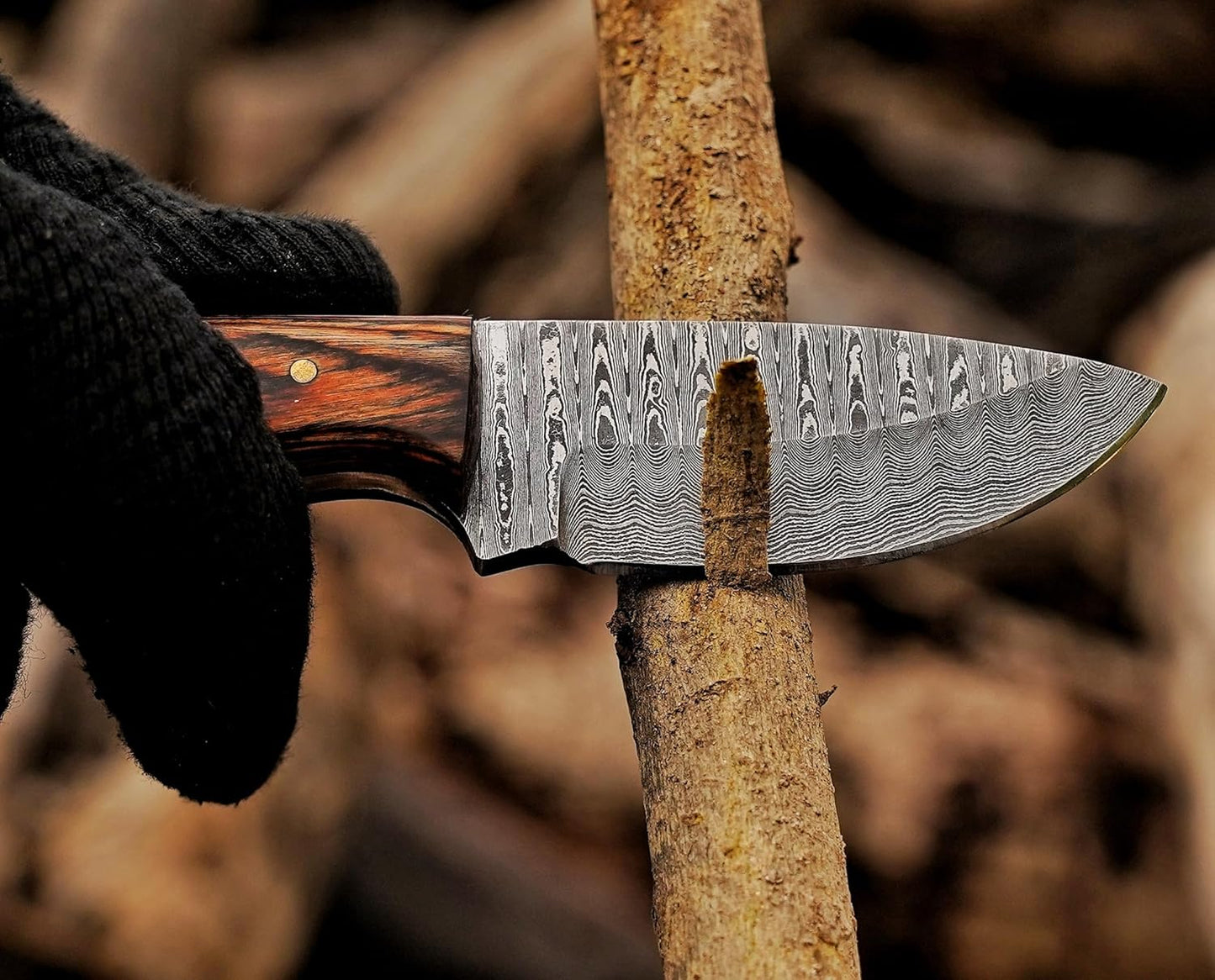 Damacus Steel Fixed Blade Knife with Leather Sheath | 6'' Full Tang Hunting Knife