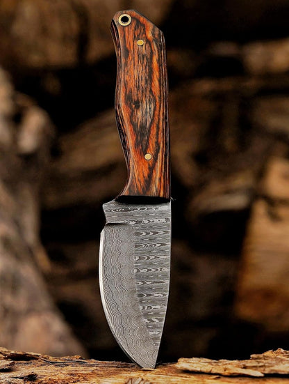 Damacus Steel Fixed Blade Knife with Leather Sheath | 6'' Full Tang Hunting Knife