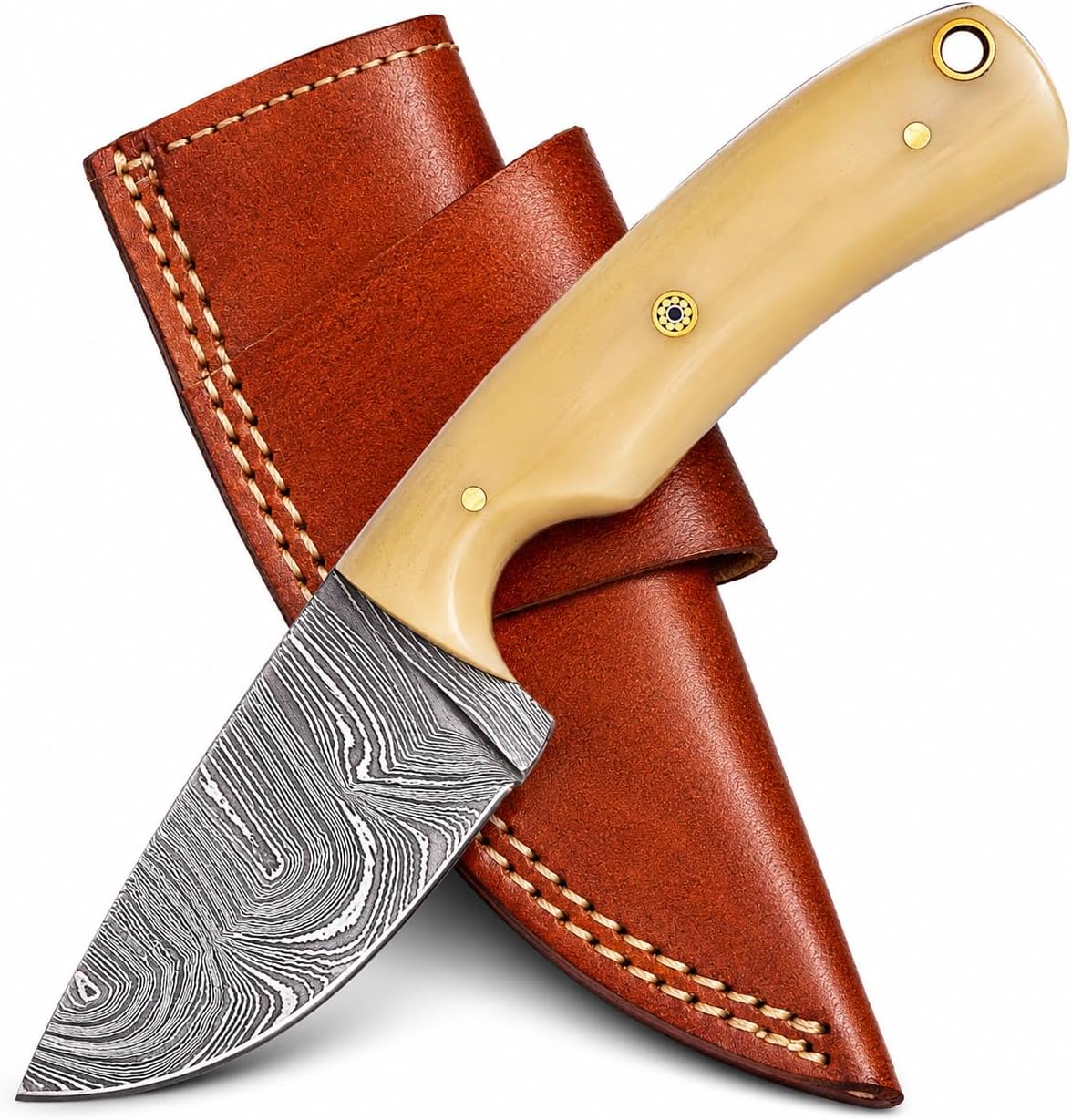 Damacus Steel Fixed Blade Knife with Leather Sheath | 6'' Full Tang Hunting Knife