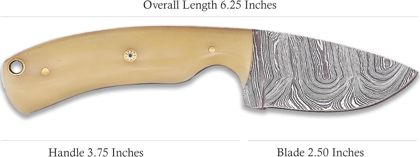 Damacus Steel Fixed Blade Knife with Leather Sheath | 6'' Full Tang Hunting Knife
