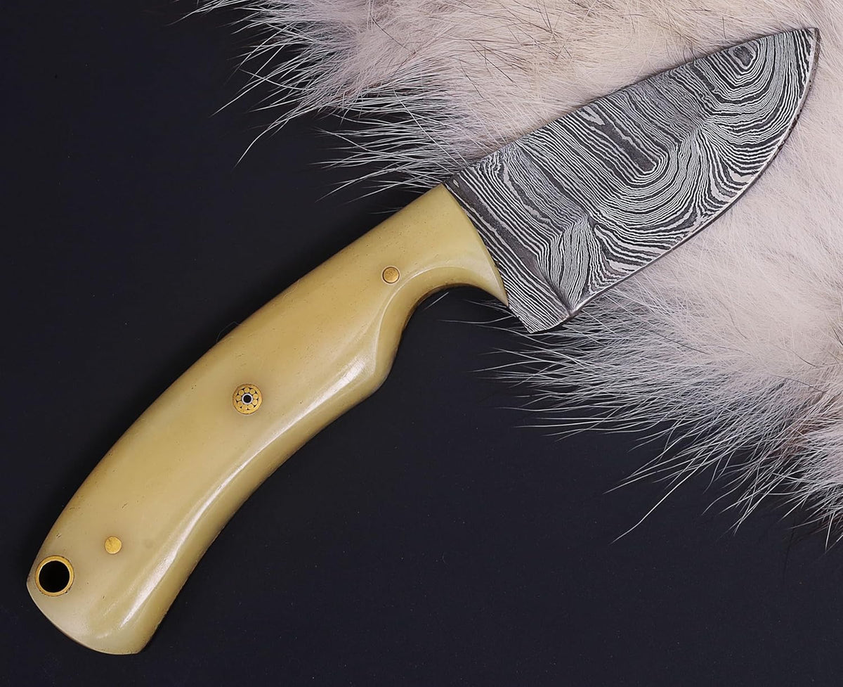 Damacus Steel Fixed Blade Knife with Leather Sheath | 6'' Full Tang Hunting Knife