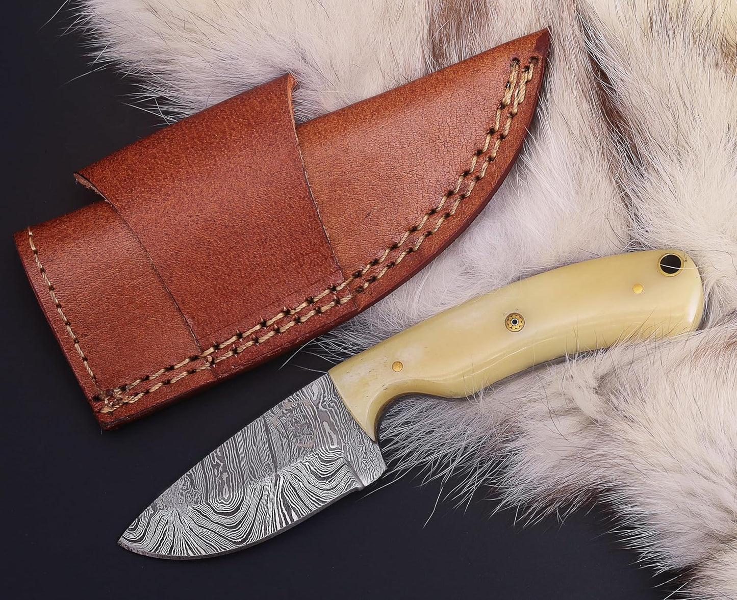Damacus Steel Fixed Blade Knife with Leather Sheath | 6'' Full Tang Hunting Knife