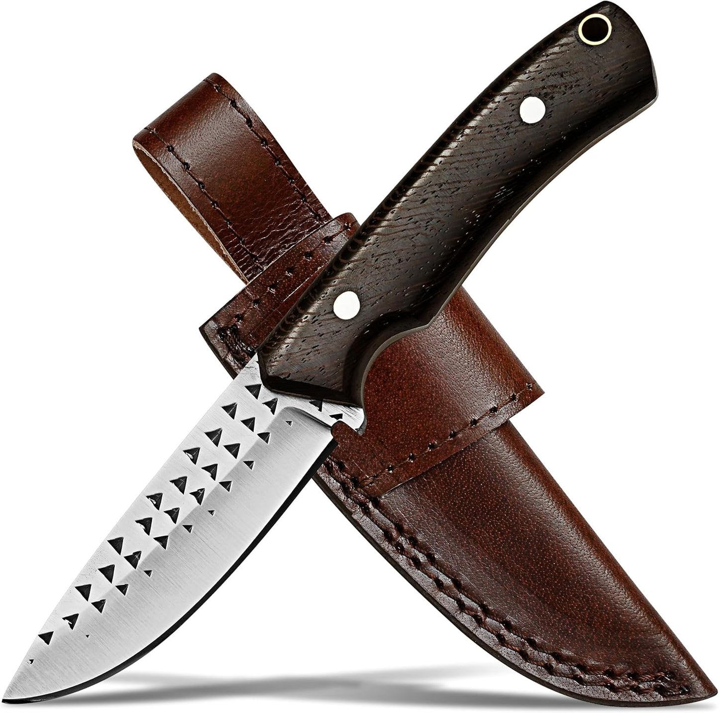 Damacus Steel Fixed Blade Knife with Leather Sheath | 6'' Full Tang Hunting Knife