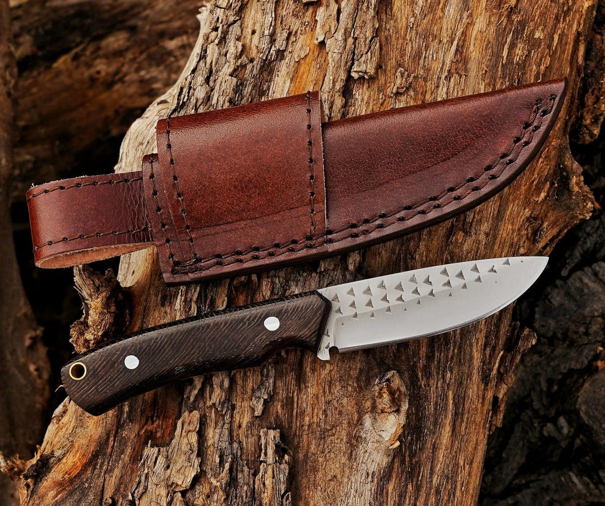 Damacus Steel Fixed Blade Knife with Leather Sheath | 6'' Full Tang Hunting Knife