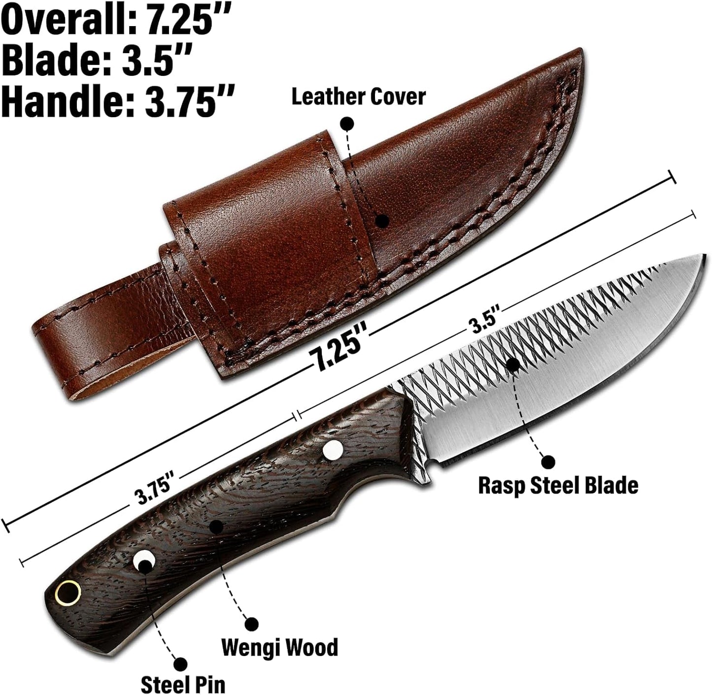 Damacus Steel Fixed Blade Knife with Leather Sheath | 6'' Full Tang Hunting Knife