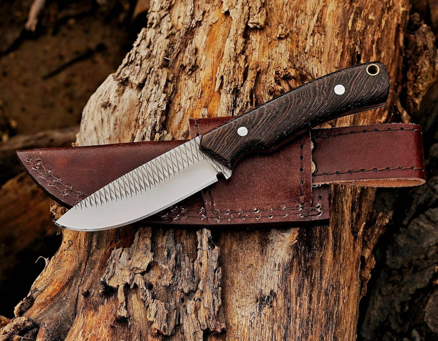 Damacus Steel Fixed Blade Knife with Leather Sheath | 6'' Full Tang Hunting Knife