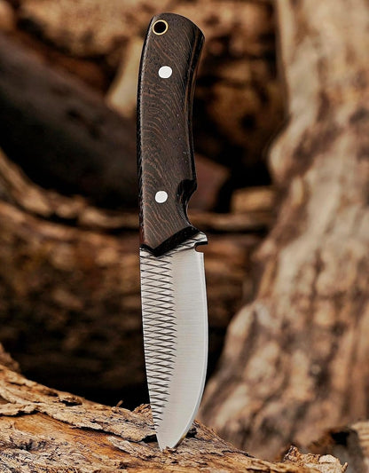 Damacus Steel Fixed Blade Knife with Leather Sheath | 6'' Full Tang Hunting Knife