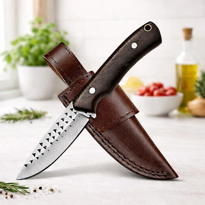 Damacus Steel Fixed Blade Knife with Leather Sheath | 6'' Full Tang Hunting Knife