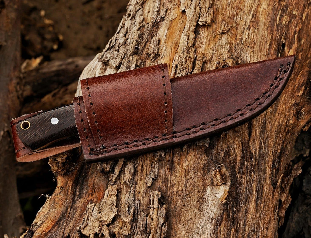 Damacus Steel Fixed Blade Knife with Leather Sheath | 6'' Full Tang Hunting Knife
