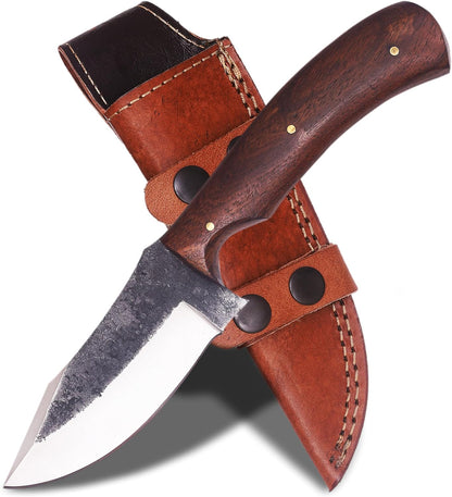 Damacus Steel Fixed Blade Knife with Leather Sheath | 6'' Full Tang Hunting Knife