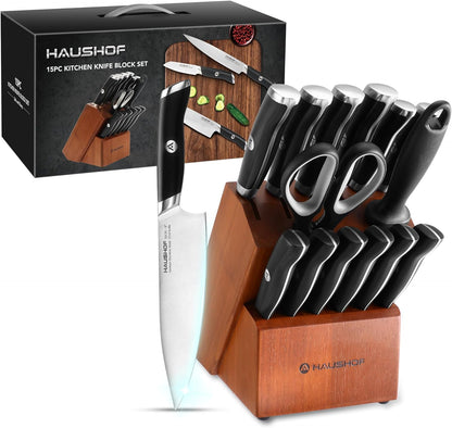 Kitchen Knife Set with Block, 15 Pieces Stainless Steel Knife Sets with Sharpener Rod, Ultra Sharp, Ergonomic Handle, Resists Rusting, Gifts Knife Set for Dad, Mom, Husband and Wife