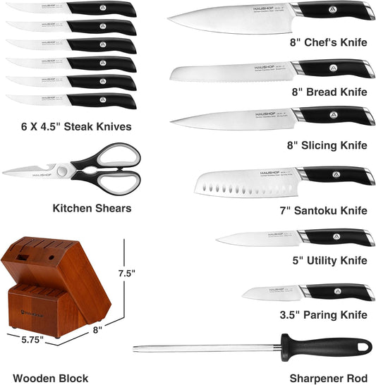 Kitchen Knife Set with Block, 15 Pieces Stainless Steel Knife Sets with Sharpener Rod, Ultra Sharp, Ergonomic Handle, Resists Rusting, Gifts Knife Set for Dad, Mom, Husband and Wife