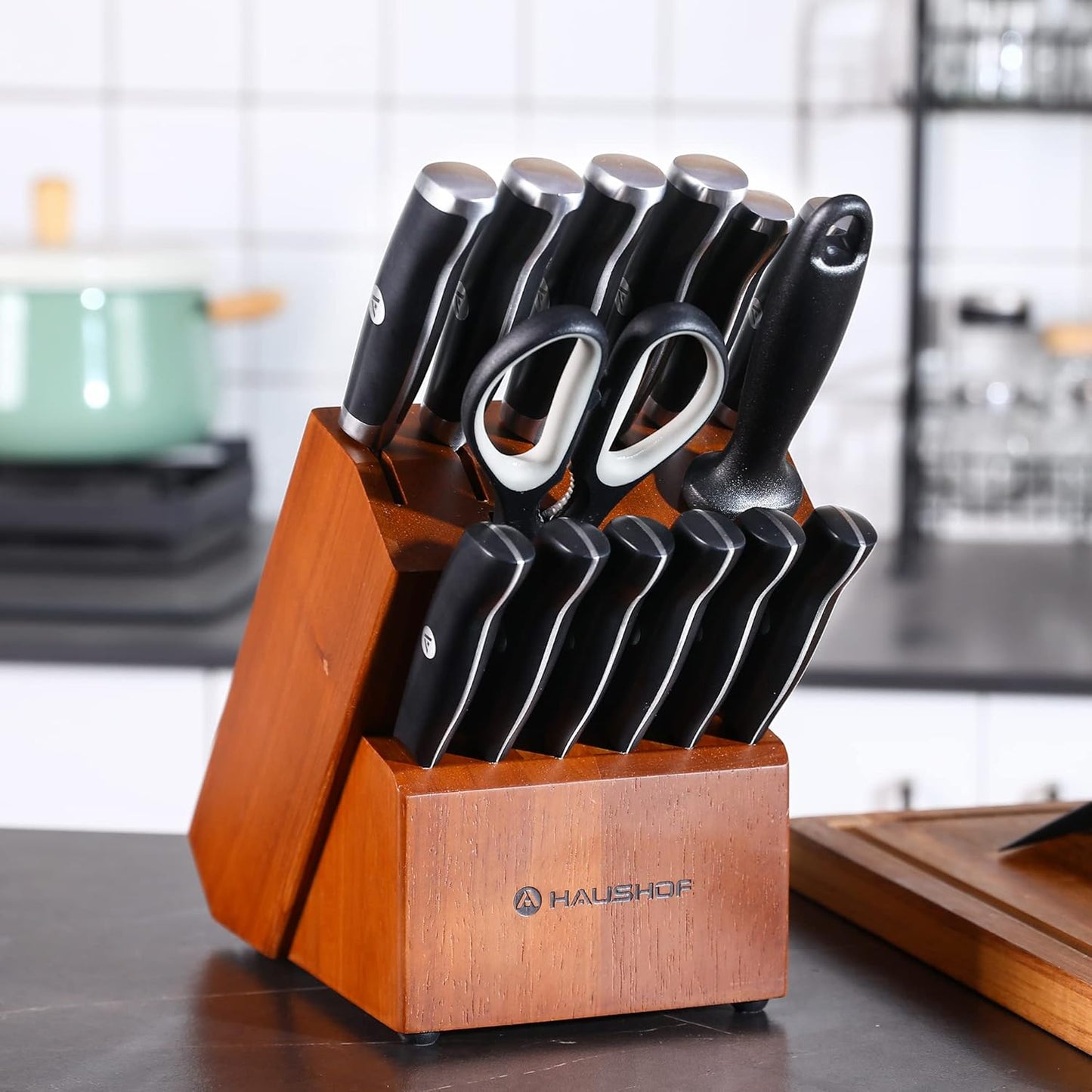 Kitchen Knife Set with Block, 15 Pieces Stainless Steel Knife Sets with Sharpener Rod, Ultra Sharp, Ergonomic Handle, Resists Rusting, Gifts Knife Set for Dad, Mom, Husband and Wife