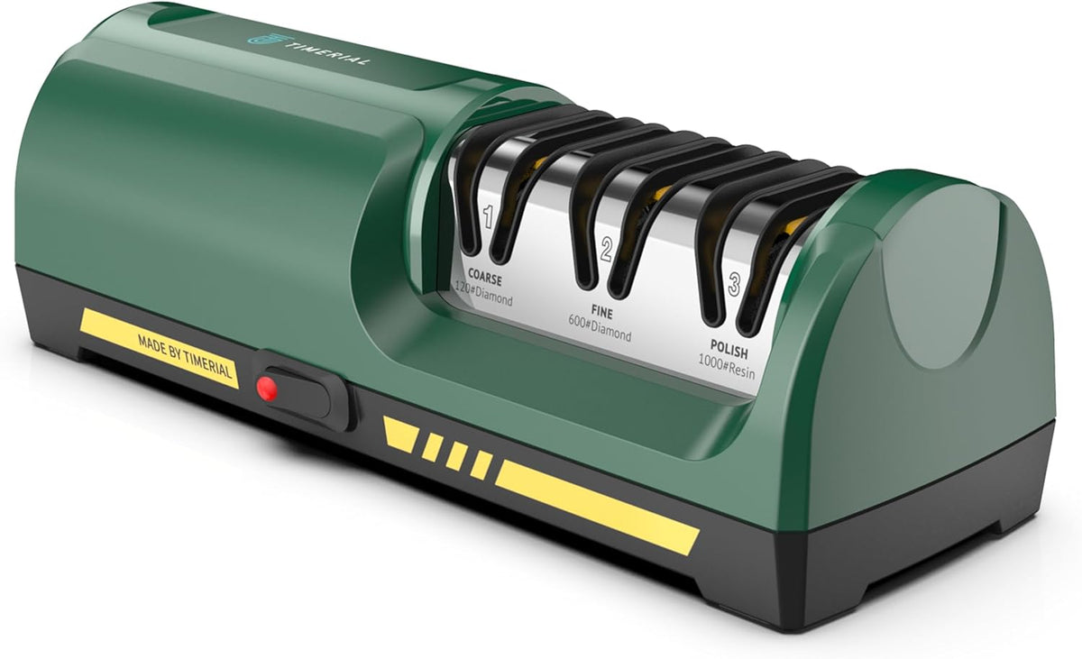 Electric Knife Sharpener for Kitchen, 3-Stage Diamond Abrasive Discs with 15° Precision Angle Guide, 120/600/1000 Grit, Fast Sharpening & Polishing for Steel Knives, Ceramic Kitchen Knives