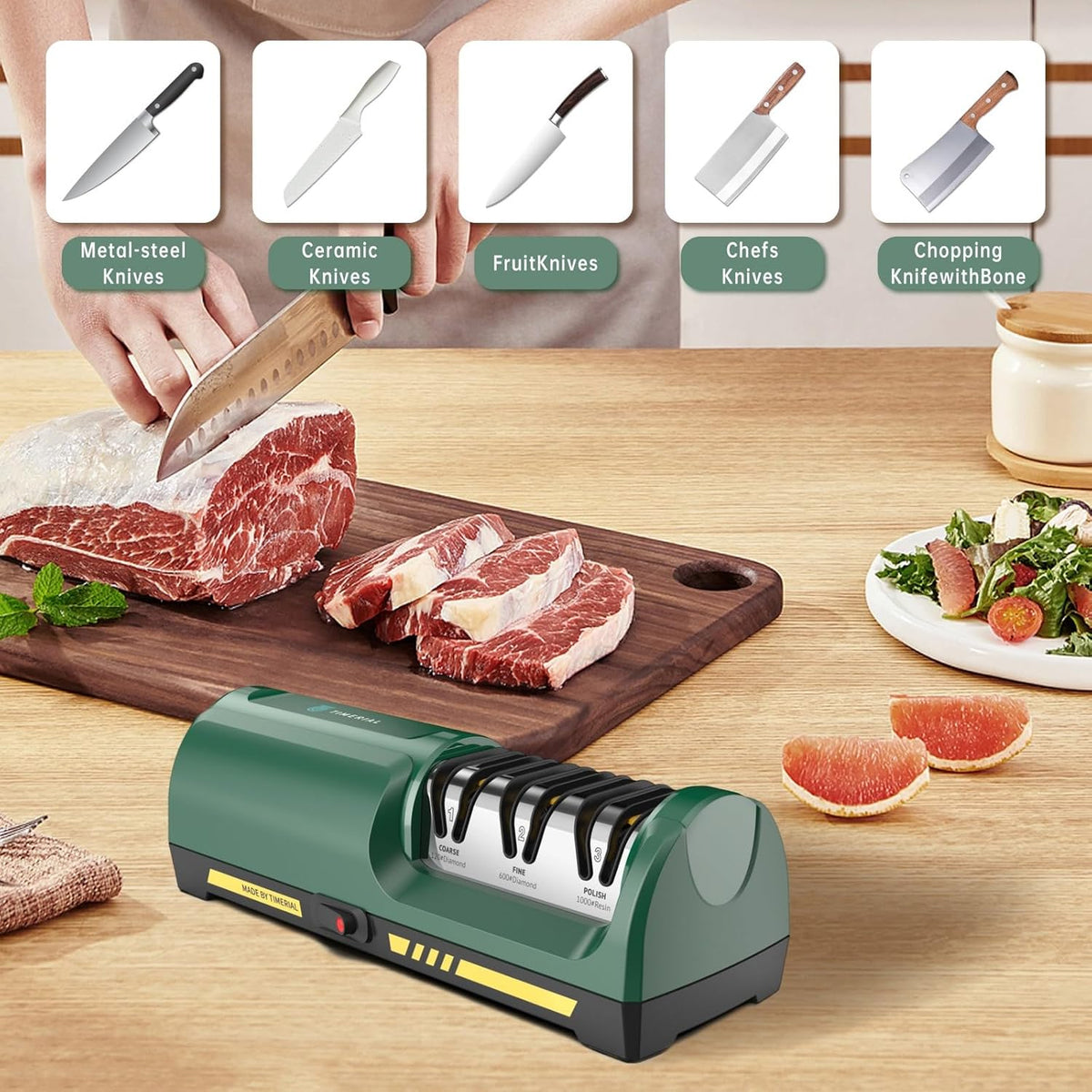 Electric Knife Sharpener for Kitchen, 3-Stage Diamond Abrasive Discs with 15° Precision Angle Guide, 120/600/1000 Grit, Fast Sharpening & Polishing for Steel Knives, Ceramic Kitchen Knives