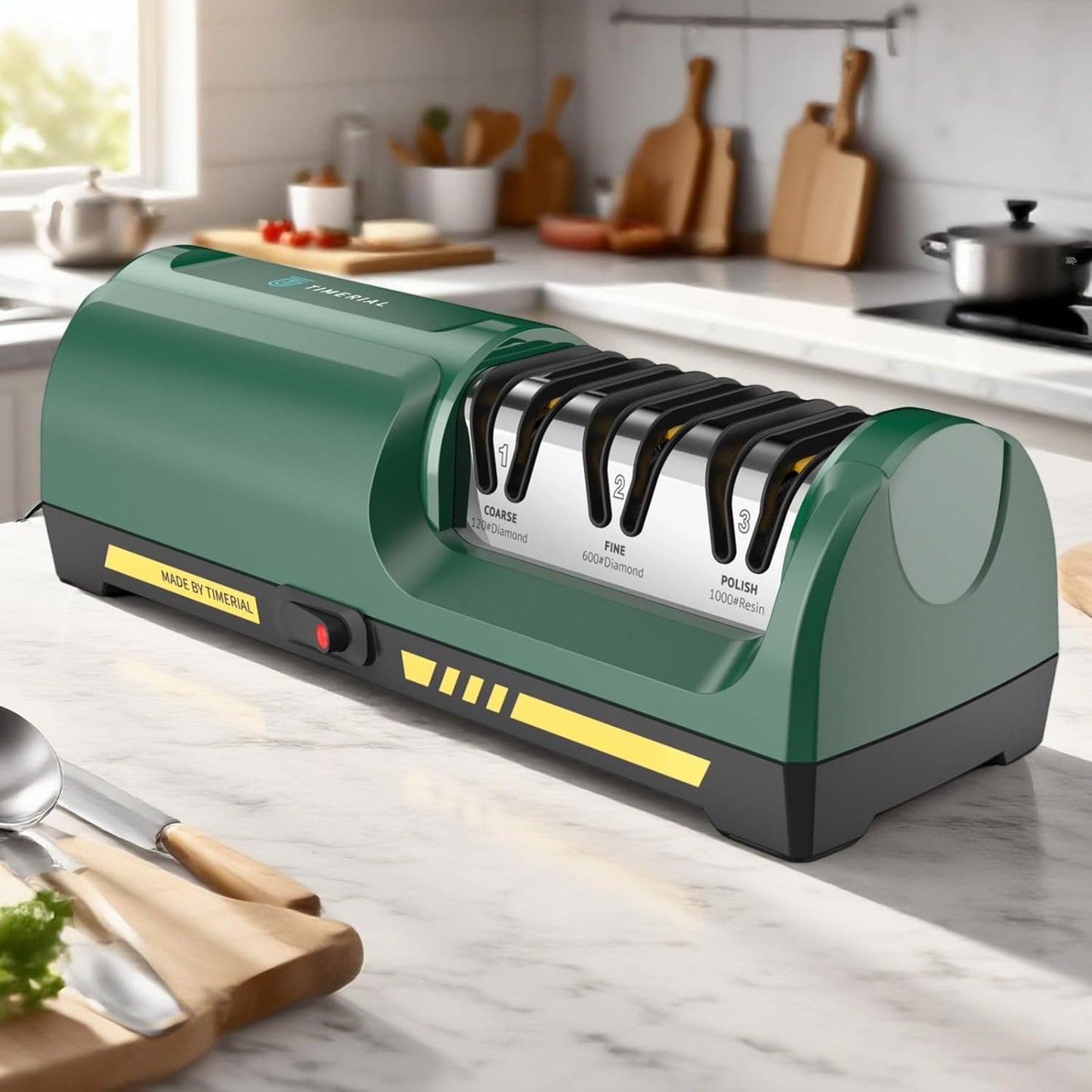 Electric Knife Sharpener for Kitchen, 3-Stage Diamond Abrasive Discs with 15° Precision Angle Guide, 120/600/1000 Grit, Fast Sharpening & Polishing for Steel Knives, Ceramic Kitchen Knives