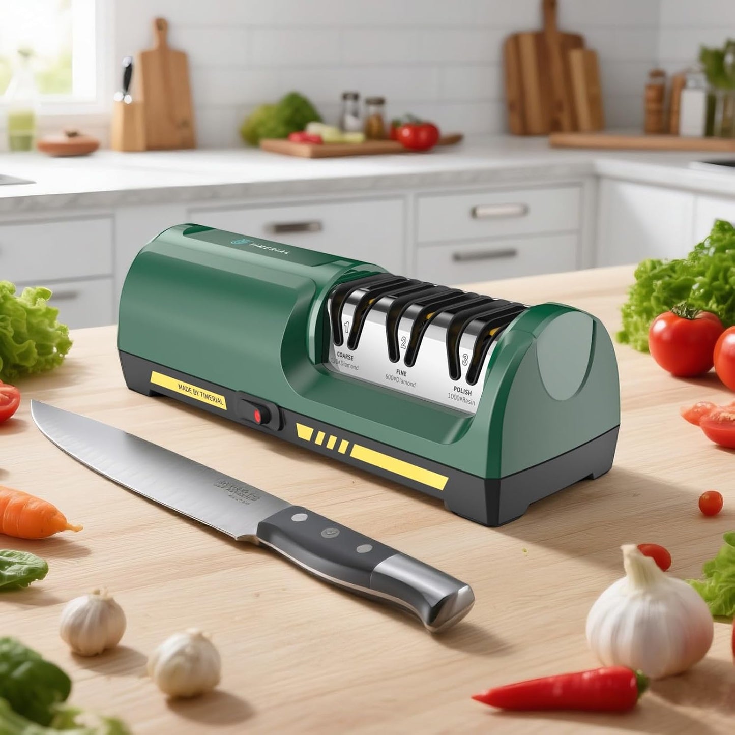 Electric Knife Sharpener for Kitchen, 3-Stage Diamond Abrasive Discs with 15° Precision Angle Guide, 120/600/1000 Grit, Fast Sharpening & Polishing for Steel Knives, Ceramic Kitchen Knives