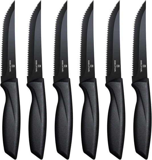 Premium Steak Knives, Steak Knives Set of 6,Black,Stainless Steel Steak Knife Set,Razor-Sharp Serrated Steak Knife,Durable Steak Knifes,Ergonomic Handle,Dishwasher Safe Steak Knifes
