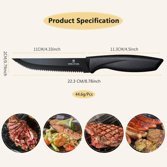 Premium Steak Knives, Steak Knives Set of 6,Black,Stainless Steel Steak Knife Set,Razor-Sharp Serrated Steak Knife,Durable Steak Knifes,Ergonomic Handle,Dishwasher Safe Steak Knifes