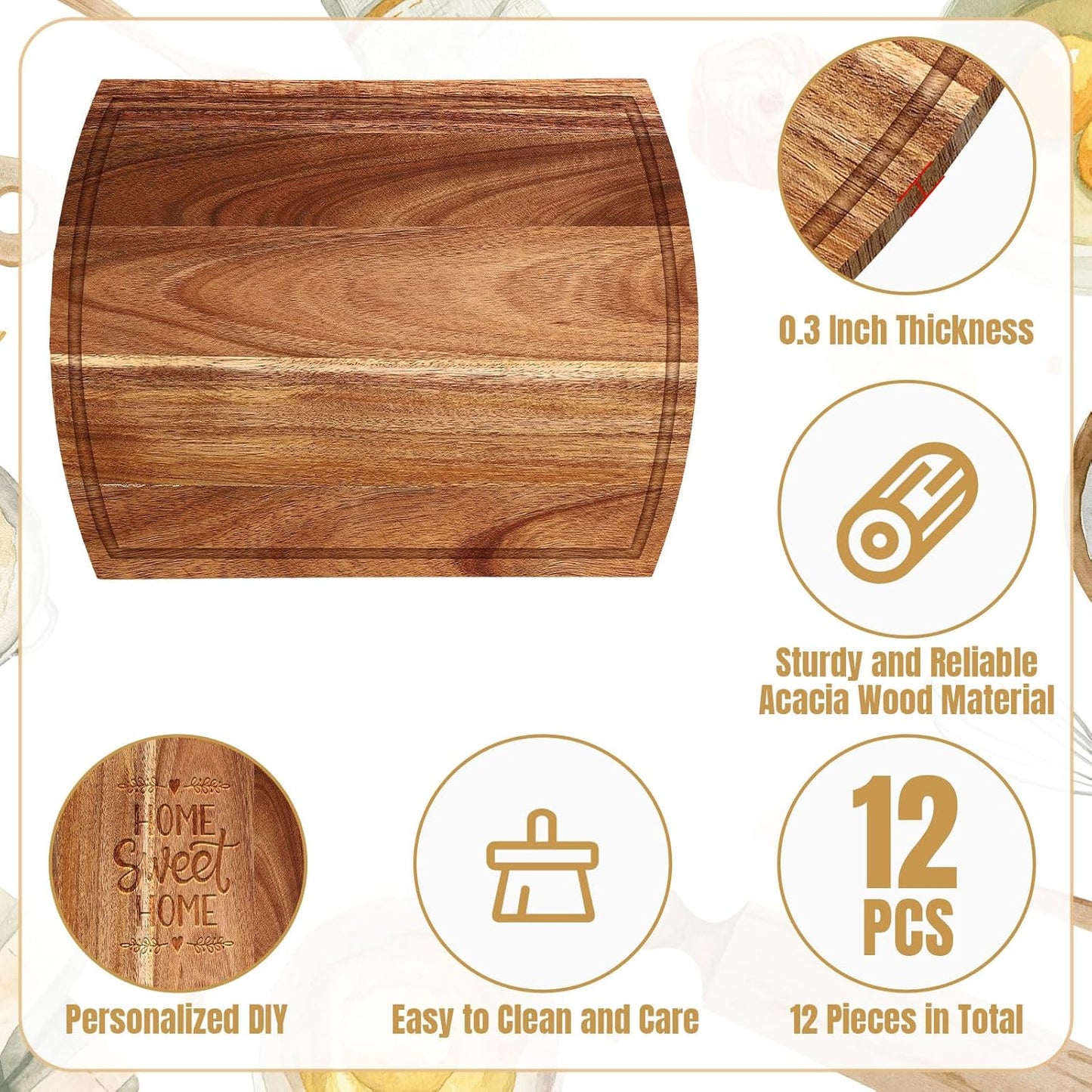 12 Pack 12 x 16 Inch Large Cutting Boards Bulk Wooden Kitchen Chopping Boards for Crafts DIY Wedding Housewarming Gift(Acacia)