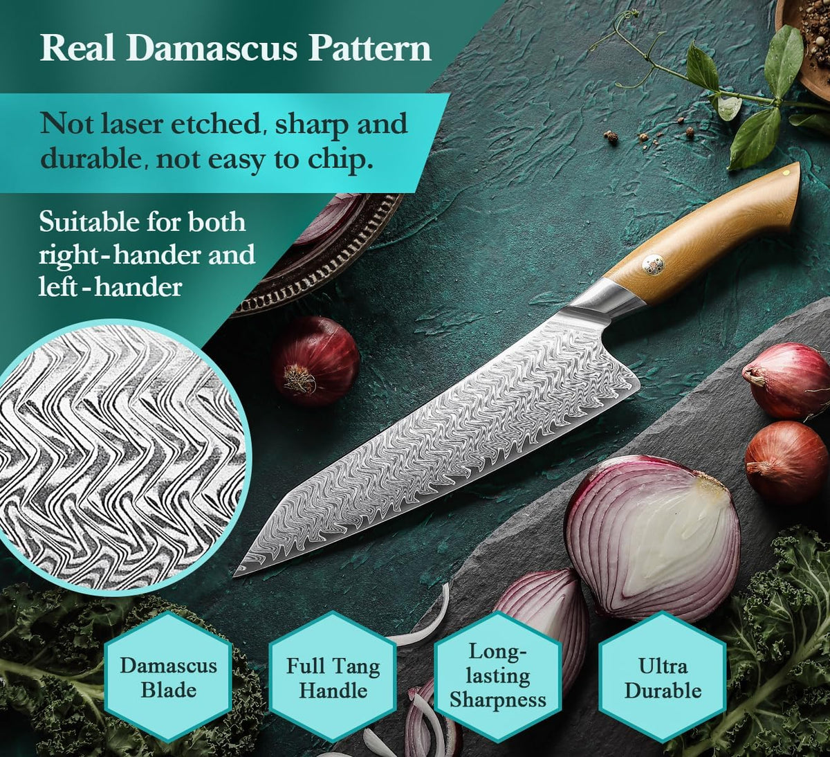 Damascus Chef Knife, 8.5 Inches, 67 Layers Damascus Steel, Professional Japanese Kitchen Knife for Chefs and Home Cooking, Ultra-sharp Blade with Linen Micarta Handle, Gift Packing
