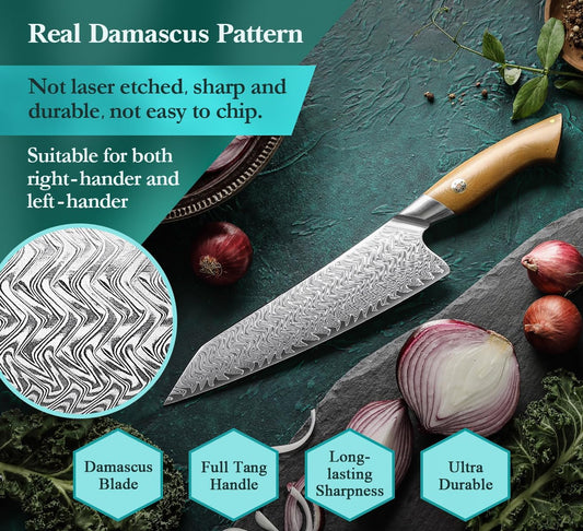 Damascus Chef Knife, 8.5 Inches, 67 Layers Damascus Steel, Professional Japanese Kitchen Knife for Chefs and Home Cooking, Ultra-sharp Blade with Linen Micarta Handle, Gift Packing