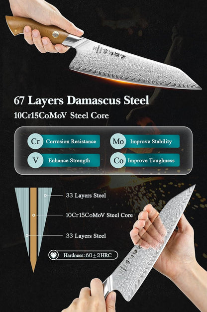 Damascus Chef Knife, 8.5 Inches, 67 Layers Damascus Steel, Professional Japanese Kitchen Knife for Chefs and Home Cooking, Ultra-sharp Blade with Linen Micarta Handle, Gift Packing