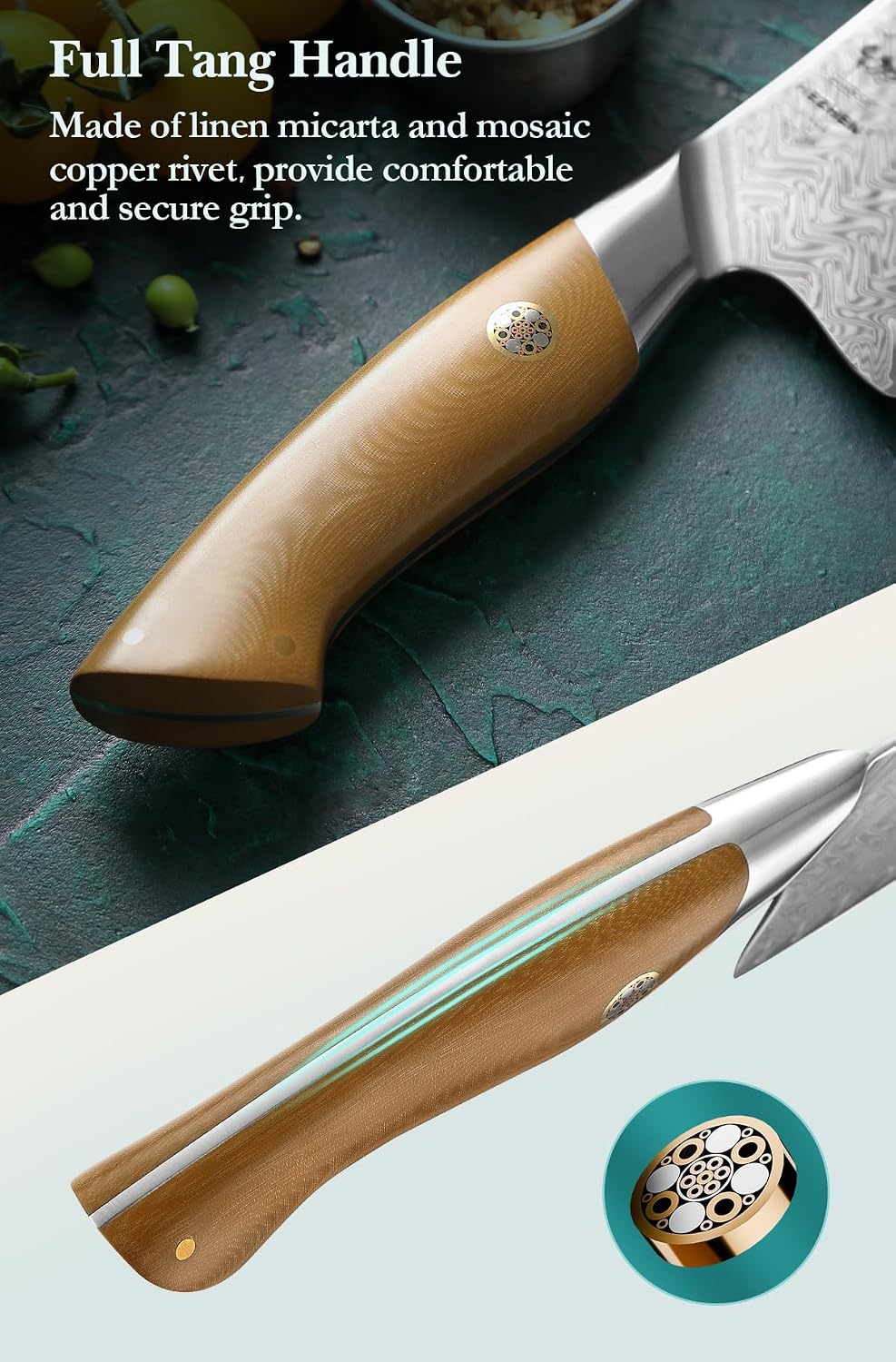 Damascus Chef Knife, 8.5 Inches, 67 Layers Damascus Steel, Professional Japanese Kitchen Knife for Chefs and Home Cooking, Ultra-sharp Blade with Linen Micarta Handle, Gift Packing