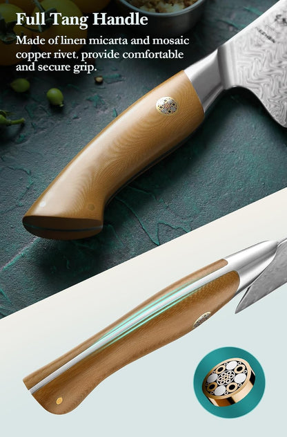 Damascus Chef Knife, 8.5 Inches, 67 Layers Damascus Steel, Professional Japanese Kitchen Knife for Chefs and Home Cooking, Ultra-sharp Blade with Linen Micarta Handle, Gift Packing
