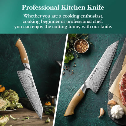Damascus Chef Knife, 8.5 Inches, 67 Layers Damascus Steel, Professional Japanese Kitchen Knife for Chefs and Home Cooking, Ultra-sharp Blade with Linen Micarta Handle, Gift Packing