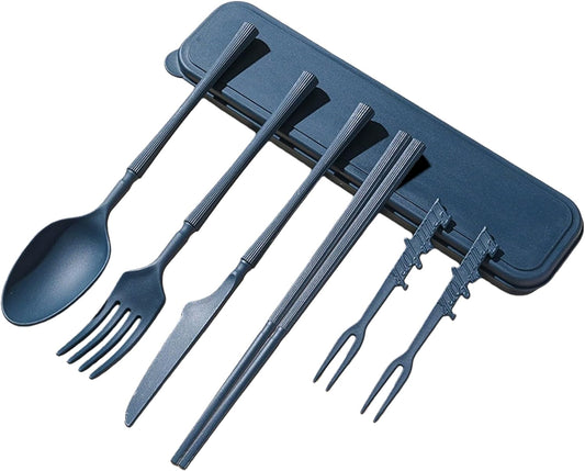 Camping Cutlery Set, Reusable Plastic Travel Utensils with Storage Case | Heavy duty portable silverware fork spoon knife for adults, dark blue for camping, picnic, hiking, office, lunch box & dorm